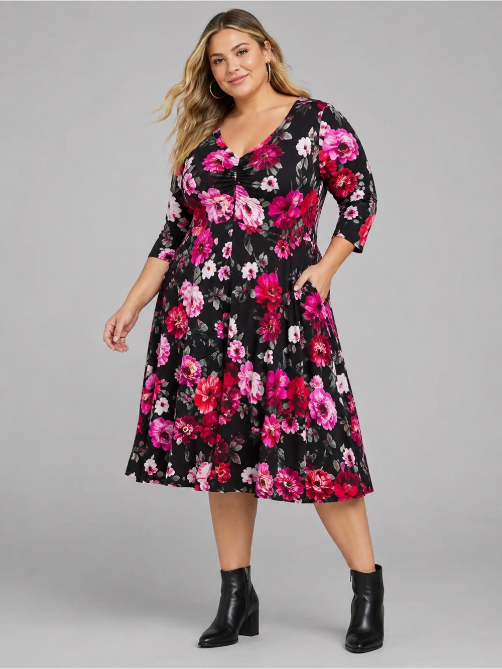 Torrid Super Soft Floral Fit & Flare Midi Dress Black Pink Size 2 2X